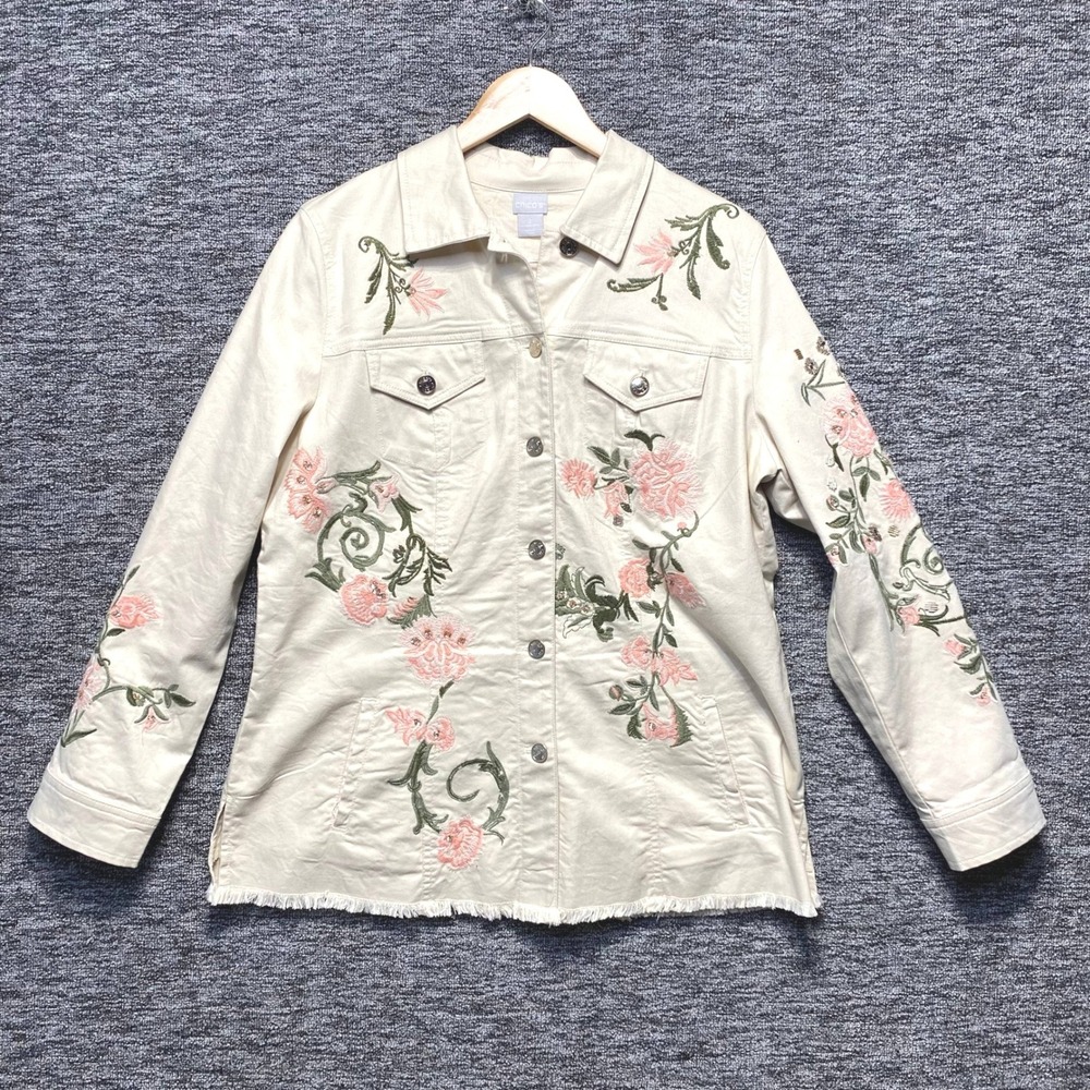 Chicos Jacket Size Large Cream Leopard Floral Embroidered Denim Fringe Hem